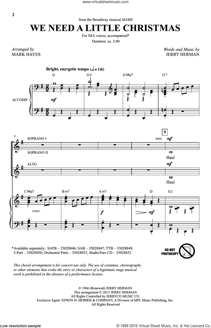 We Need A Little Christmas (from Mame) (arr. Mark Hayes) sheet music for choir (SSA: soprano, alto) by Jerry Herman and Mark Hayes, intermediate skill level