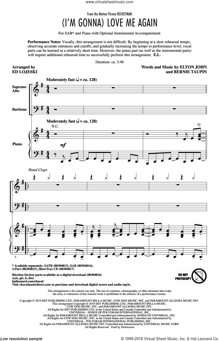 (I'm Gonna) Love Me Again (from Rocketman) (arr. Ed Lojeski) sheet music for choir (SAB: soprano, alto, bass) by Elton John & Taron Egerton, Ed Lojeski, Bernie Taupin and Elton John, intermediate skill level