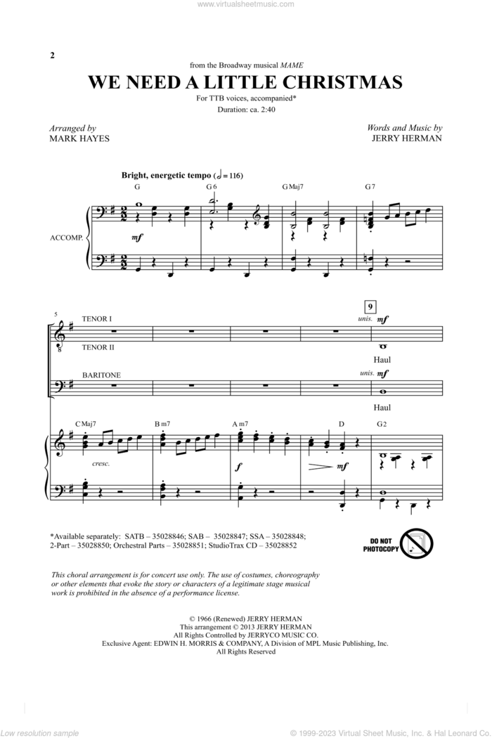 We Need A Little Christmas (from Mame) (arr. Mark Hayes) sheet music for choir (TTBB: tenor, bass) by Jerry Herman and Mark Hayes, intermediate skill level