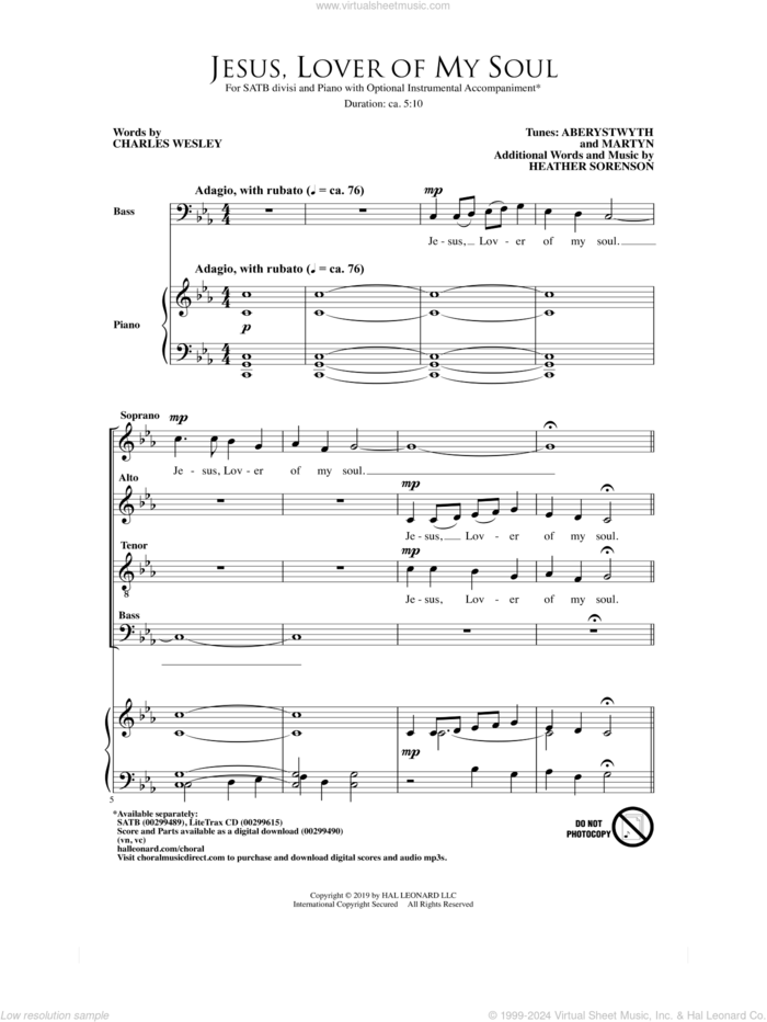 Jesus, Lover Of My Soul sheet music for choir (SATB: soprano, alto, tenor, bass) by Heather Sorenson and Charles Wesley, intermediate skill level