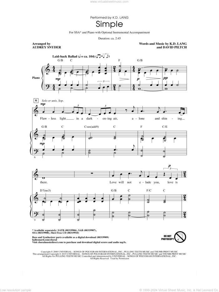 Simple (arr. Audrey Snyder) sheet music for choir (SSA: soprano, alto) by k.d. lang, Audrey Snyder and David Piltch, intermediate skill level