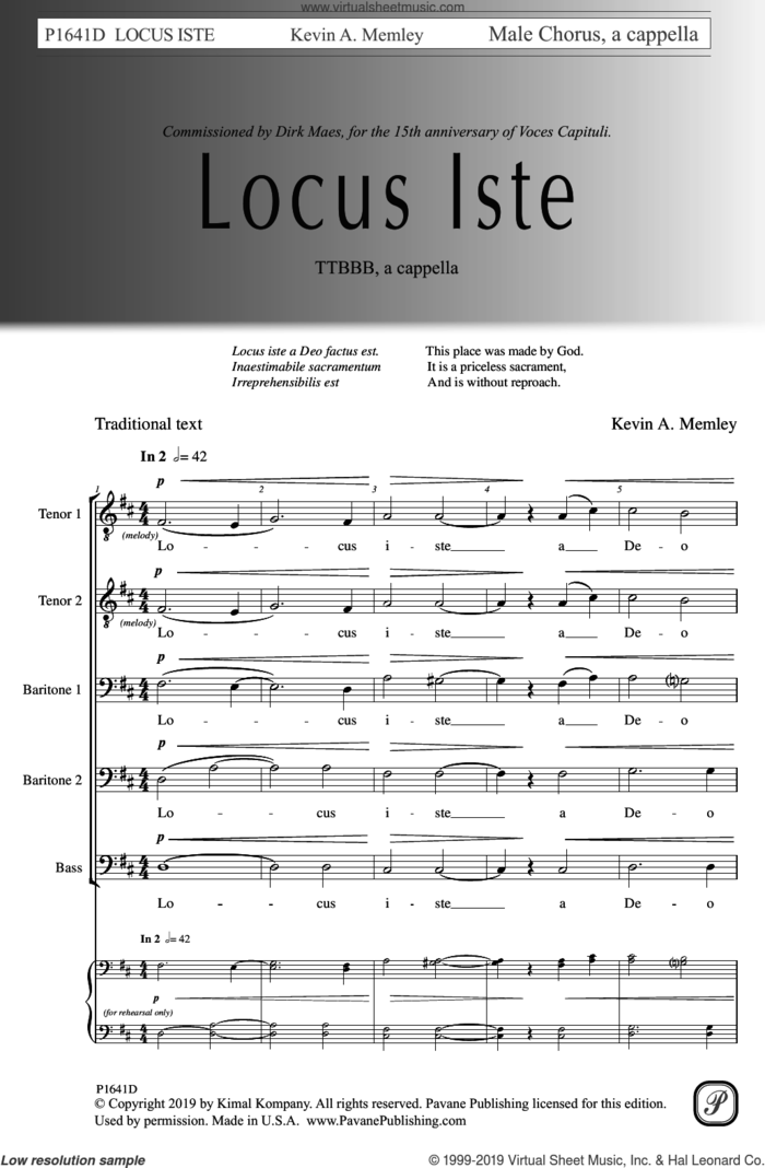 Locus Iste sheet music for choir (TTBB: tenor, bass) by Kevin Memley, intermediate skill level