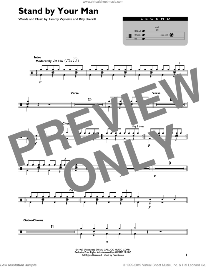 Stand By Your Man sheet music for drums (percussions) by Tammy Wynette and Billy Sherrill, intermediate skill level