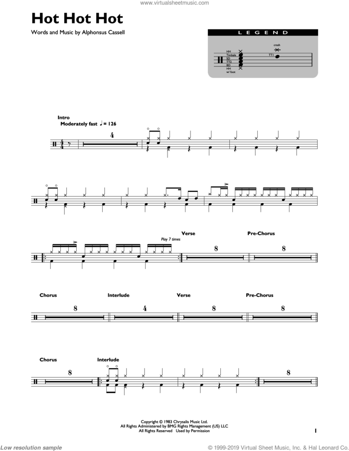 Hot Hot Hot sheet music for drums (percussions) by Buster Poindexter and His Banshees of Blue and Alphonsus Cassell, intermediate skill level