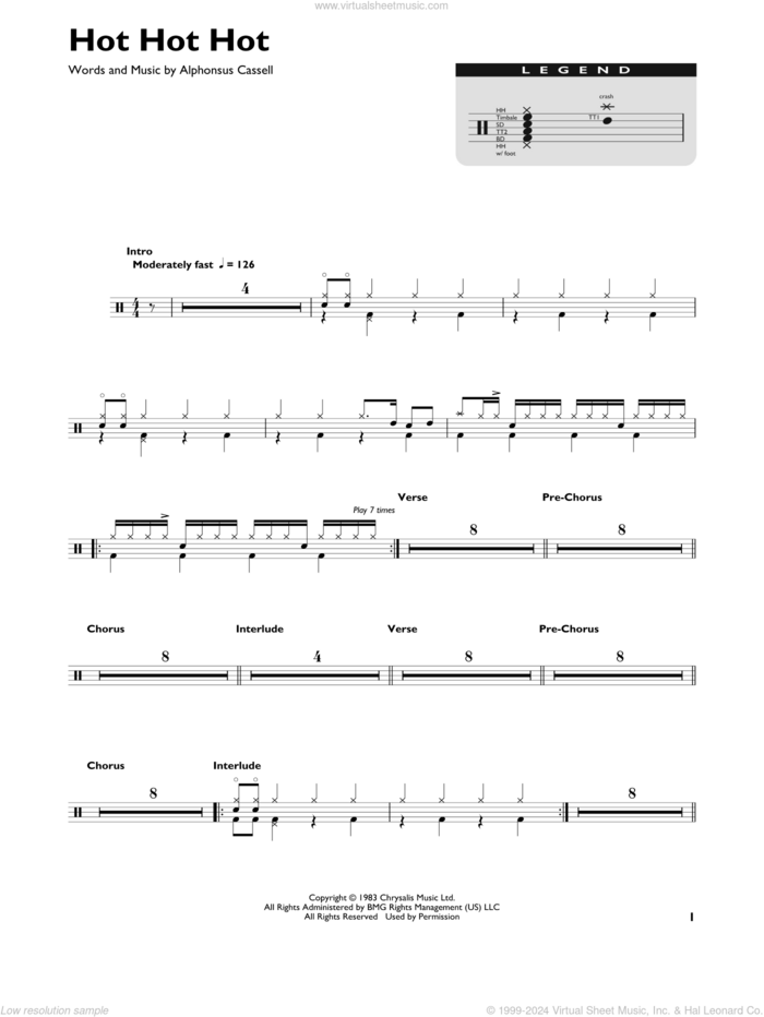 Hot Hot Hot sheet music for drums (percussions) by Buster Poindexter and His Banshees of Blue and Alphonsus Cassell, intermediate skill level