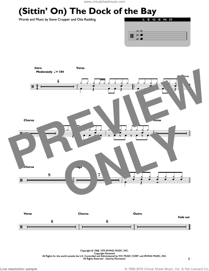 (Sittin' On) The Dock Of The Bay sheet music for drums (percussions) by Otis Redding and Steve Cropper, intermediate skill level