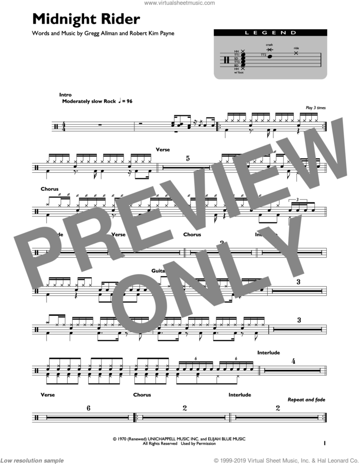 Midnight Rider sheet music for drums (percussions) by The Allman Brothers Band, Gregg Allman and Robert Kim Payne, intermediate skill level