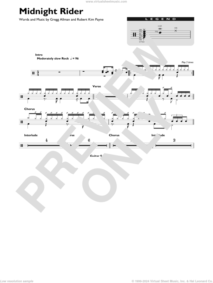 Midnight Rider sheet music for drums (percussions) by The Allman Brothers Band, Gregg Allman and Robert Kim Payne, intermediate skill level