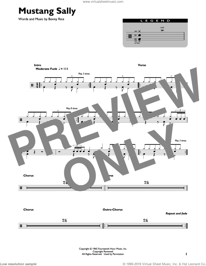 Mustang Sally sheet music for drums (percussions) by Wilson Pickett and Bonny Rice, intermediate skill level