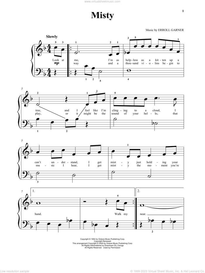 Misty, (beginner) sheet music for piano solo by Johnny Mathis, Erroll Garner and John Burke, beginner skill level