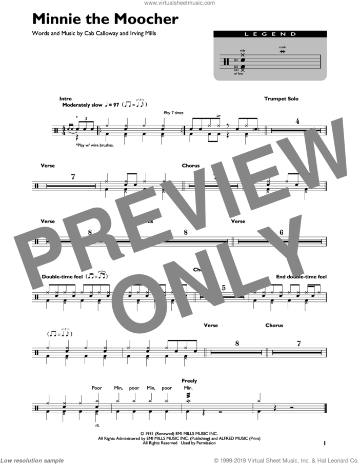 Minnie The Moocher sheet music for drums (percussions) by Cab Calloway and Irving Mills, intermediate skill level