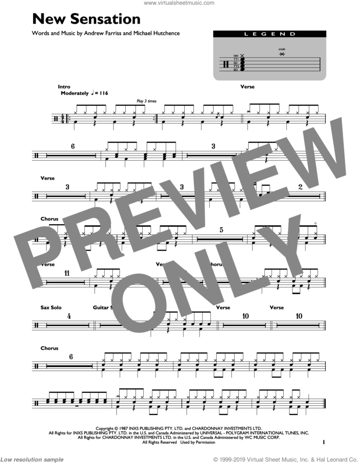 New Sensation sheet music for drums (percussions) by INXS, Andrew Farriss and Michael Hutchence, intermediate skill level