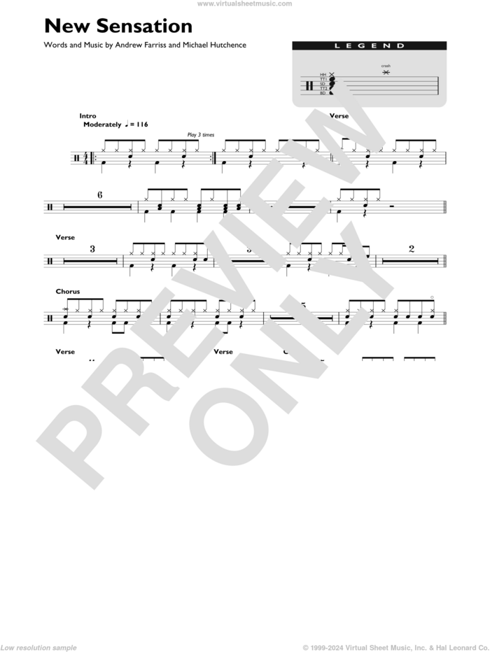 New Sensation sheet music for drums (percussions) by INXS, Andrew Farriss and Michael Hutchence, intermediate skill level