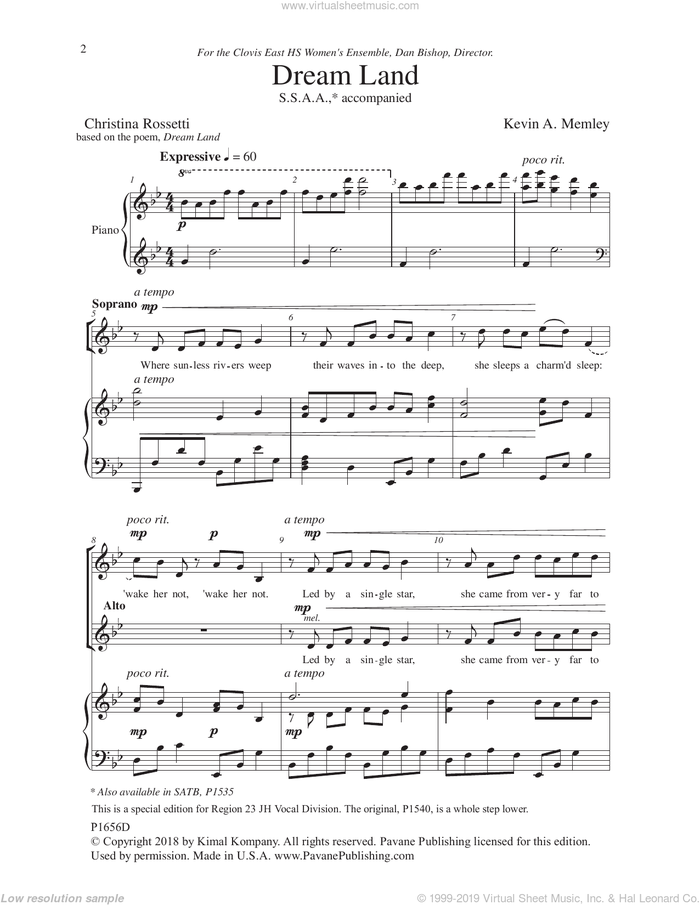 Dream Land (arr. Christina Rossetti) sheet music for choir (SSAA: soprano, alto) by Kevin Memley and Christina Rossetti, intermediate skill level