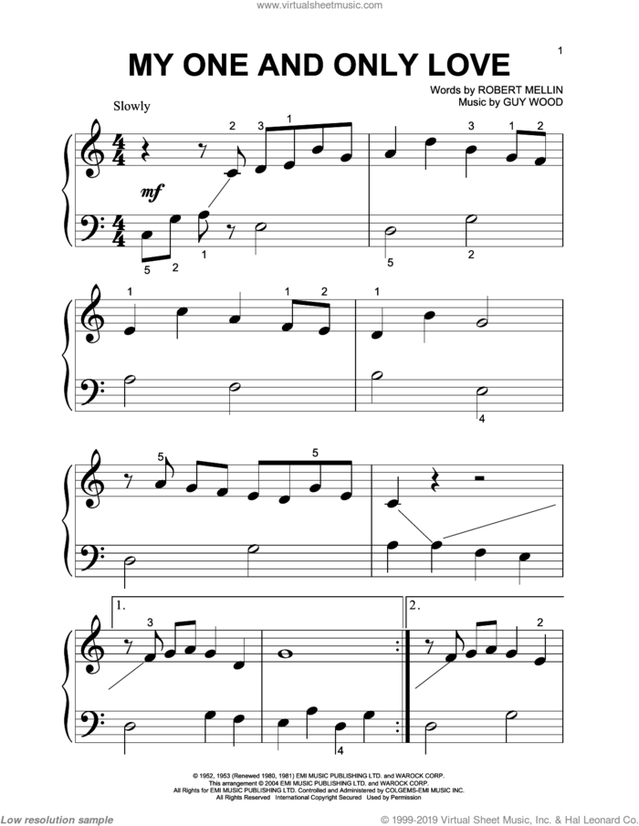 My One And Only Love sheet music for piano solo by Guy Wood and Robert Mellin, beginner skill level