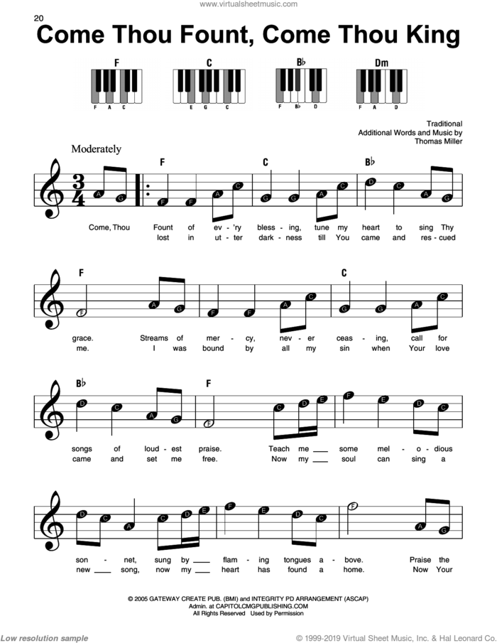 Come Thou Fount, Come Thou King, (beginner) sheet music for piano solo by Gateway Worship, Miscellaneous and Thomas Miller, beginner skill level