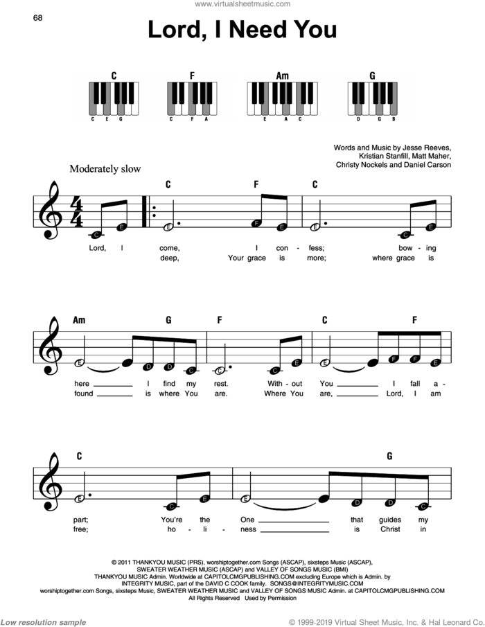 Lord, I Need You sheet music for piano solo by Matt Maher, Chris Tomlin, Passion, Christy Nockels, Daniel Carson, Jesse Reeves and Kristian Stanfill, beginner skill level