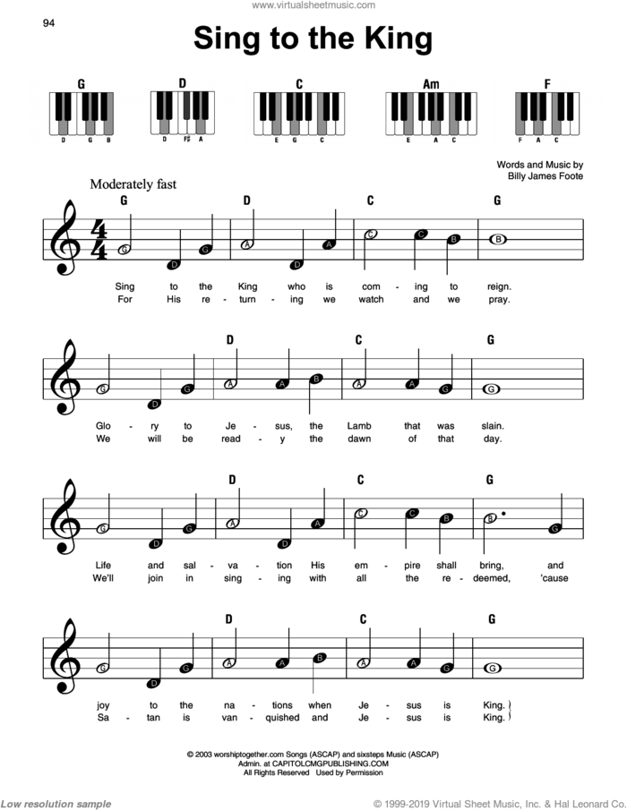 Sing To The King sheet music for piano solo by Billy and Cindy Foote and Billy Foote, beginner skill level