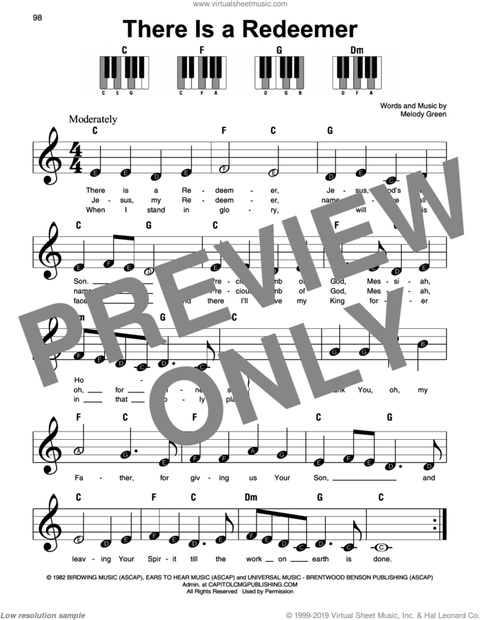 There Is A Redeemer sheet music for piano solo by Keith Green and Melody Green, beginner skill level