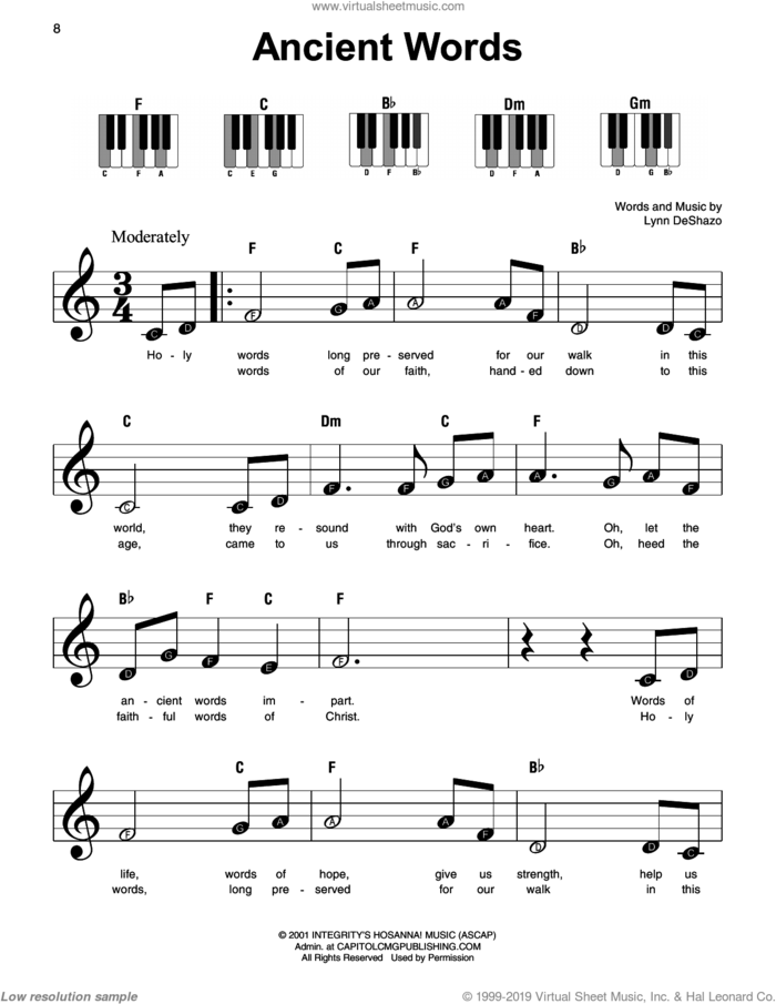 Ancient Words, (beginner) sheet music for piano solo by Lynn DeShazo, beginner skill level