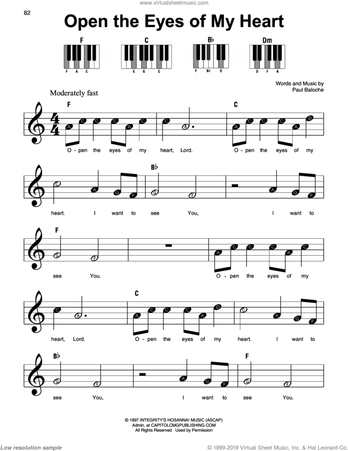 Open The Eyes Of My Heart, (beginner) sheet music for piano solo by Paul Baloche, beginner skill level