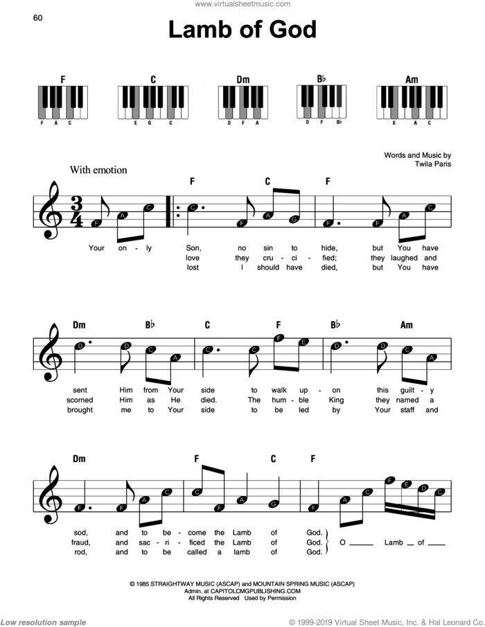 Lamb Of God sheet music for piano solo by Twila Paris, beginner skill level
