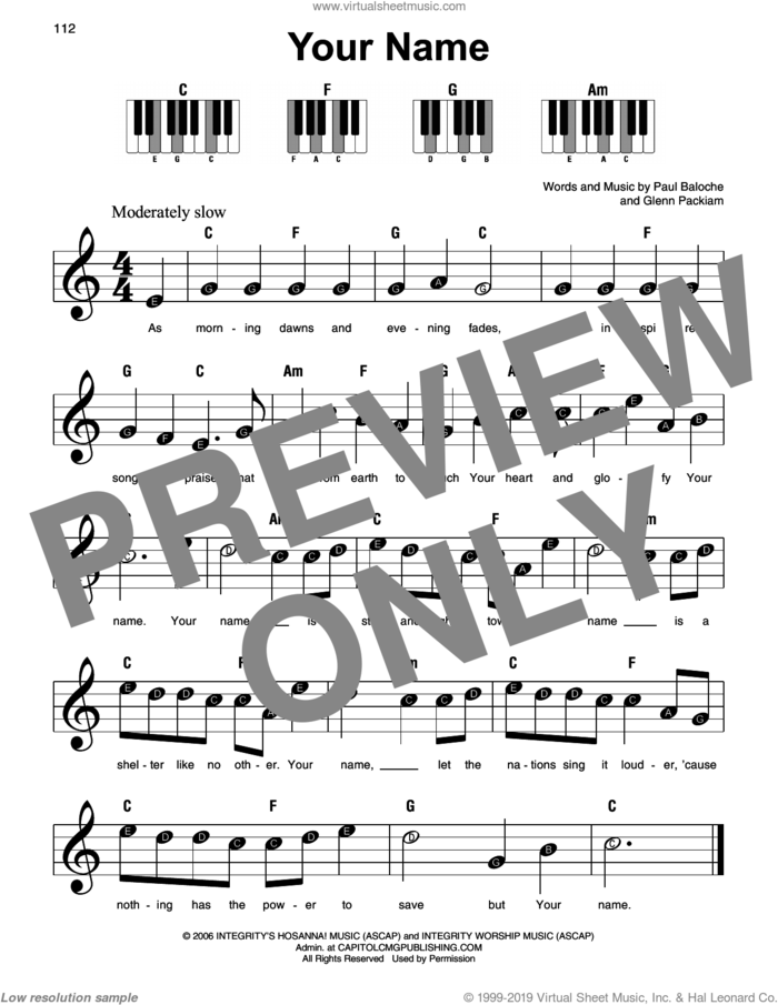 Your Name sheet music for piano solo by Paul Baloche and Glenn Packiam, beginner skill level