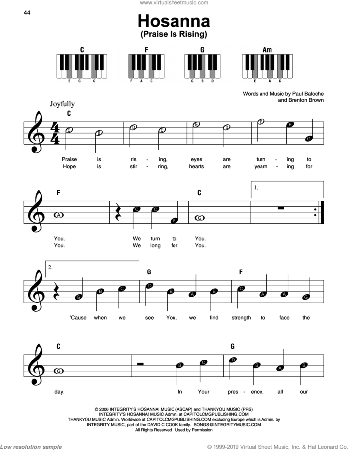 Hosanna (Praise Is Rising), (beginner) (Praise Is Rising) sheet music for piano solo by Paul Baloche and Brenton Brown, beginner skill level