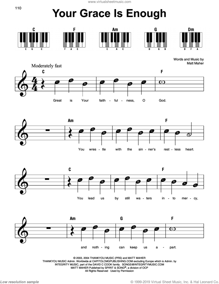 Your Grace Is Enough sheet music for piano solo by Matt Maher, beginner skill level