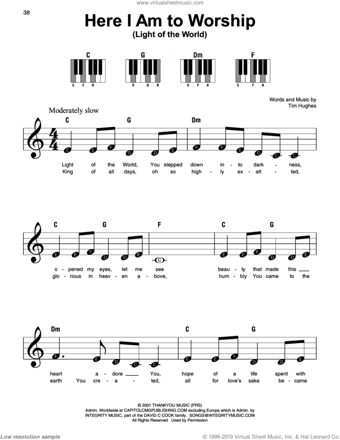 Here I Am To Worship (Light Of The World) sheet music for piano solo by Tim Hughes, beginner skill level