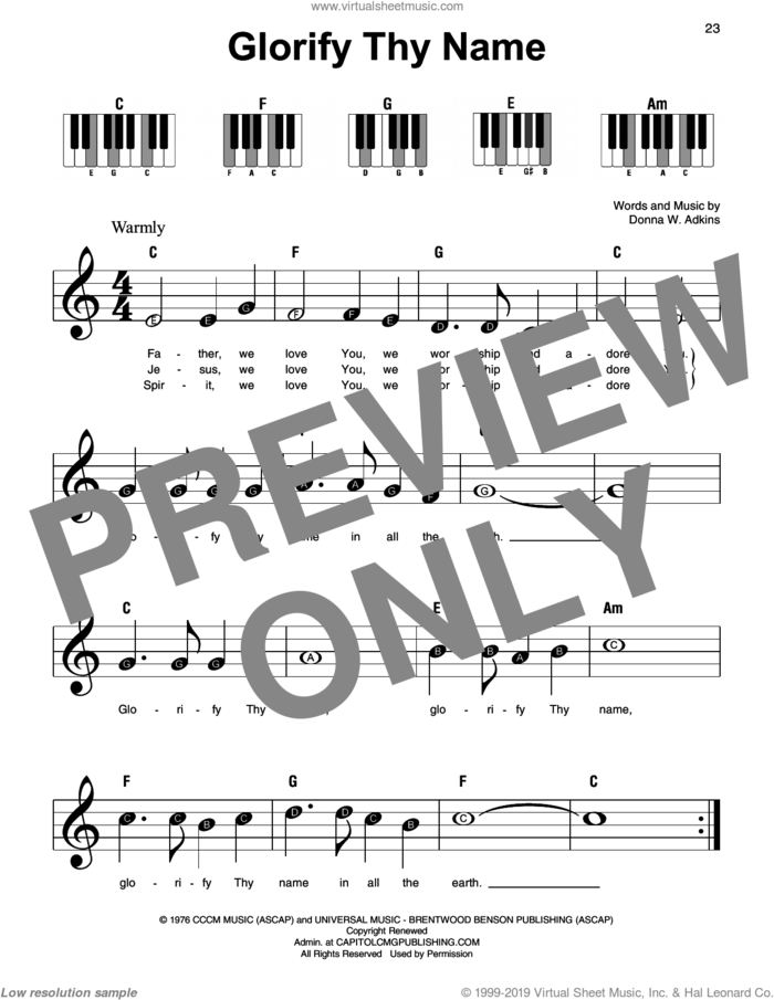 Glorify Thy Name sheet music for piano solo by Shane & Shane and Donna Adkins, beginner skill level
