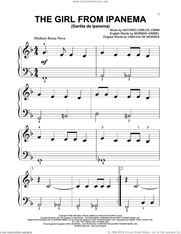 The Girl From Ipanema (Garota De Ipanema) sheet music for piano solo (big note book) by Norman Gimbel, Antonio Carlos Jobim and Vinicius de Moraes, easy piano (big note book)