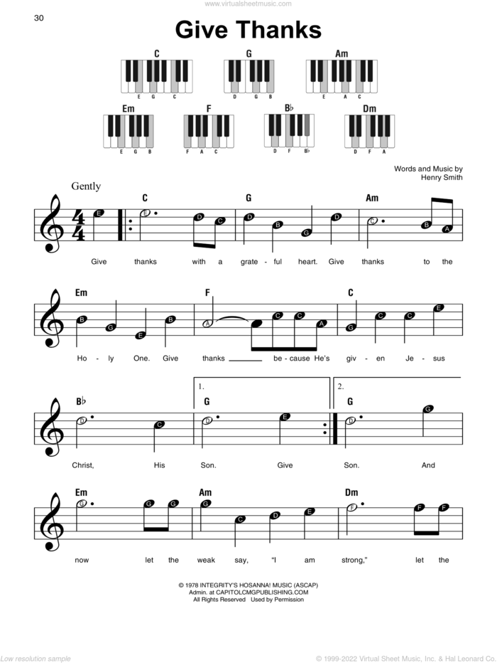 Give Thanks sheet music for piano solo by Henry Smith, beginner skill level