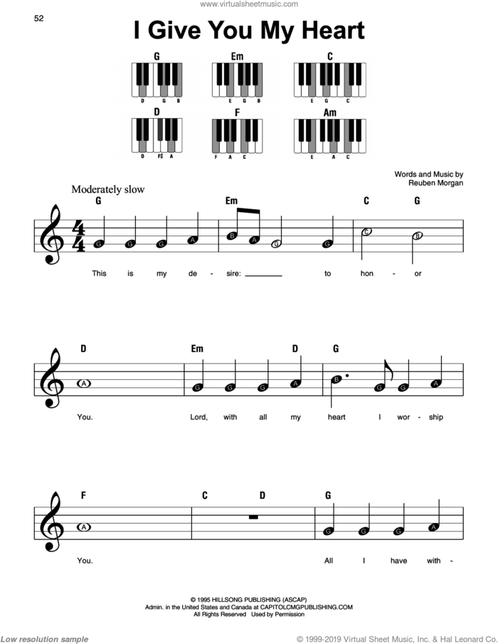 I Give You My Heart sheet music for piano solo by Jeff Deyo, Hillsong Worship and Reuben Morgan, beginner skill level
