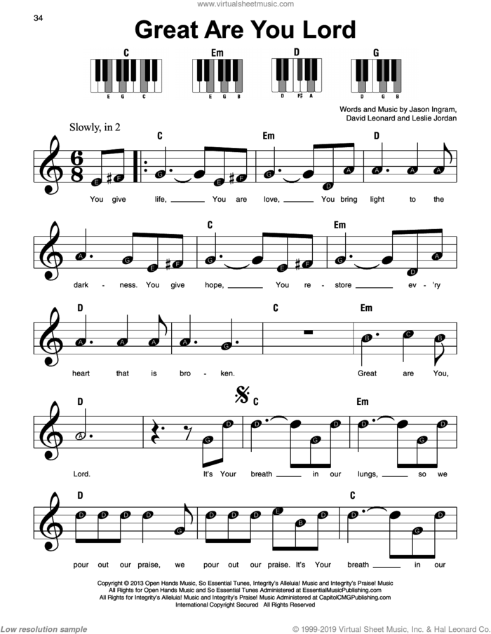 Great Are You Lord, (beginner) sheet music for piano solo by All Sons & Daughters, David Leonard, Jason Ingram and Leslie Jordan, beginner skill level