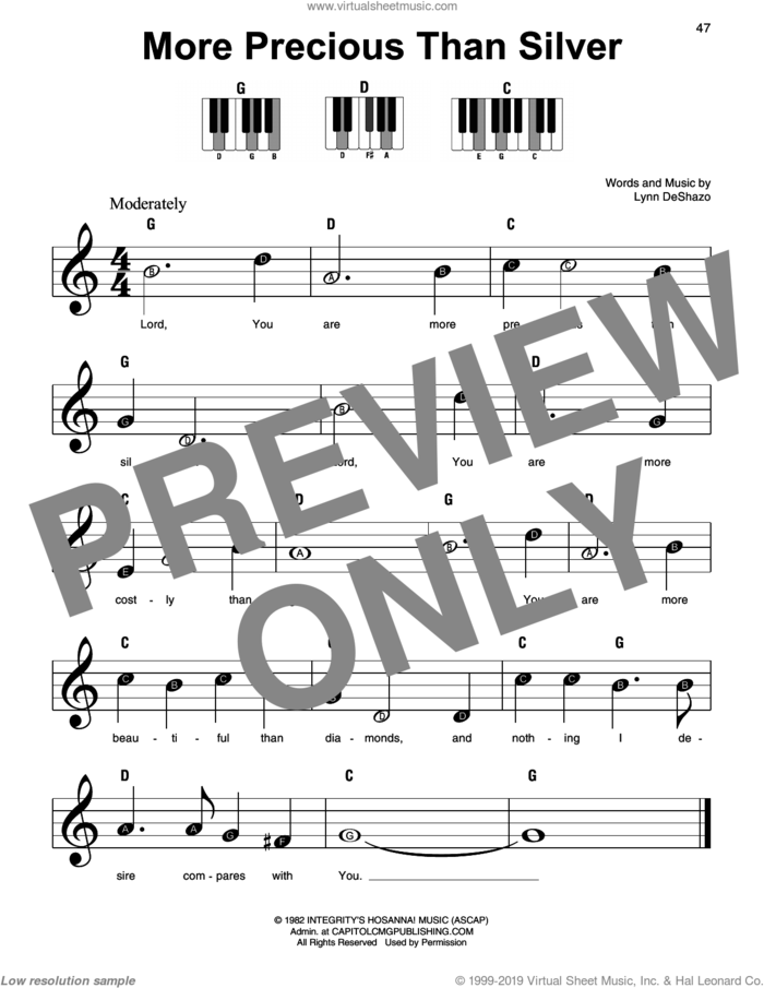 More Precious Than Silver sheet music for piano solo by Lynn DeShazo, beginner skill level