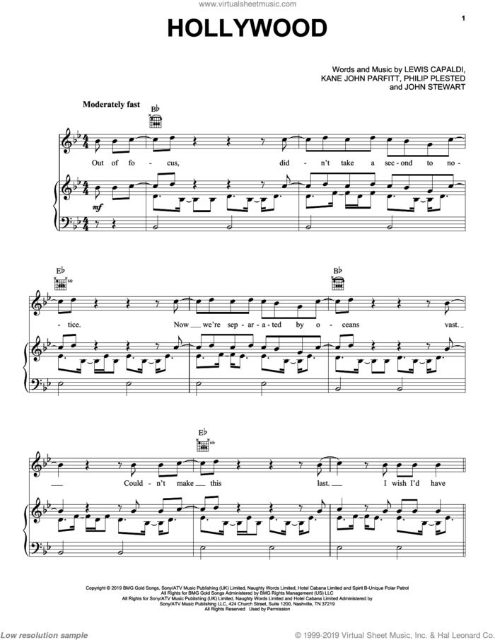 Hollywood sheet music for voice, piano or guitar by Lewis Capaldi, John Stewart, Kane John Parfitt and Philip Plested, intermediate skill level
