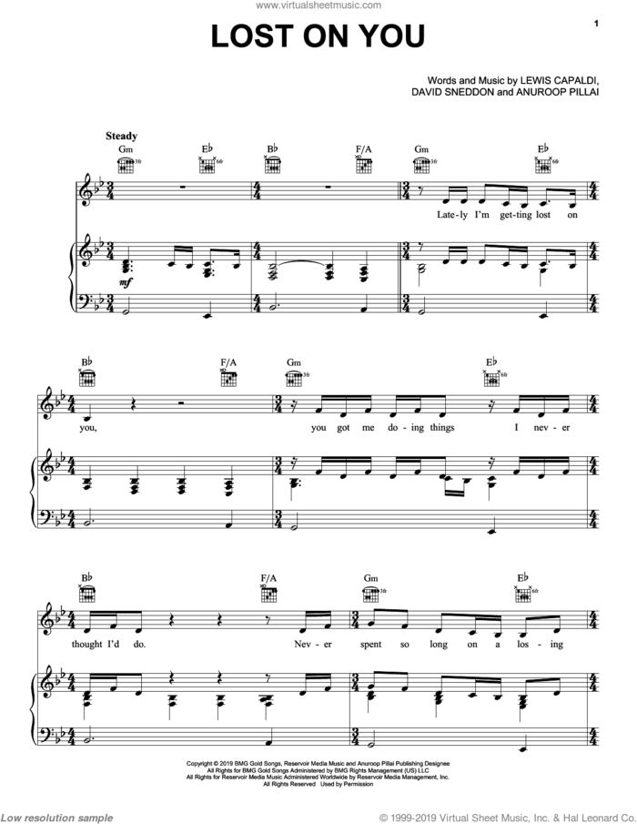 Lost On You sheet music for voice, piano or guitar by Lewis Capaldi, Anuroop Pillai and David Sneddon, intermediate skill level