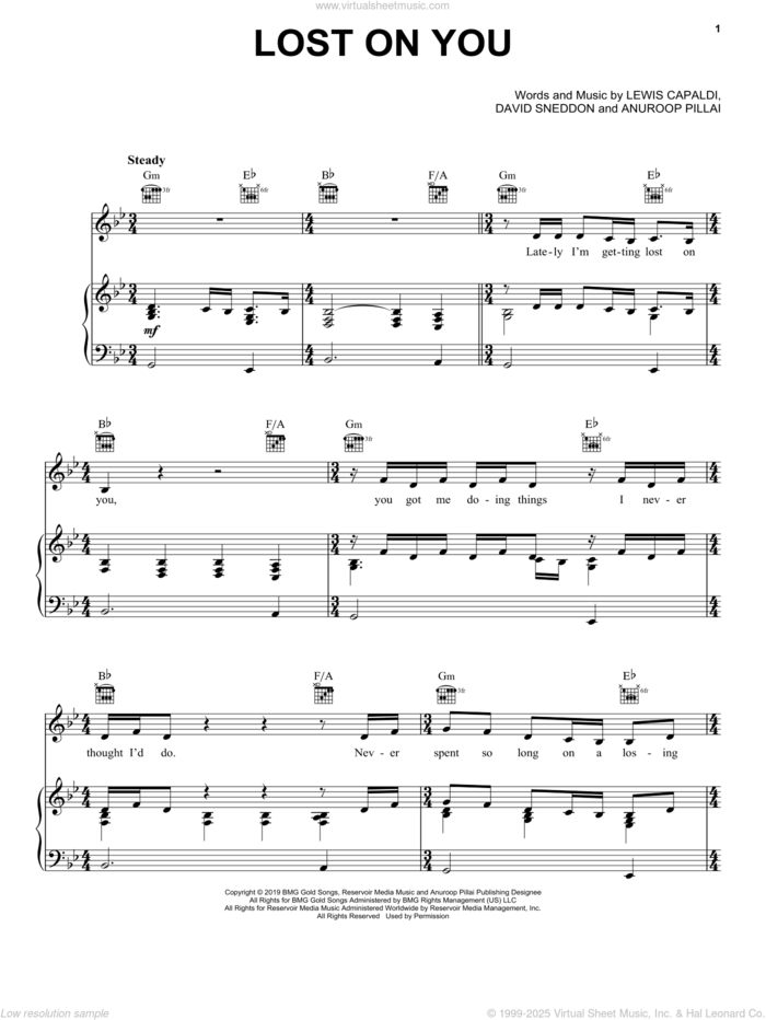 Lost On You sheet music for voice, piano or guitar by Lewis Capaldi, Anuroop Pillai and David Sneddon, intermediate skill level