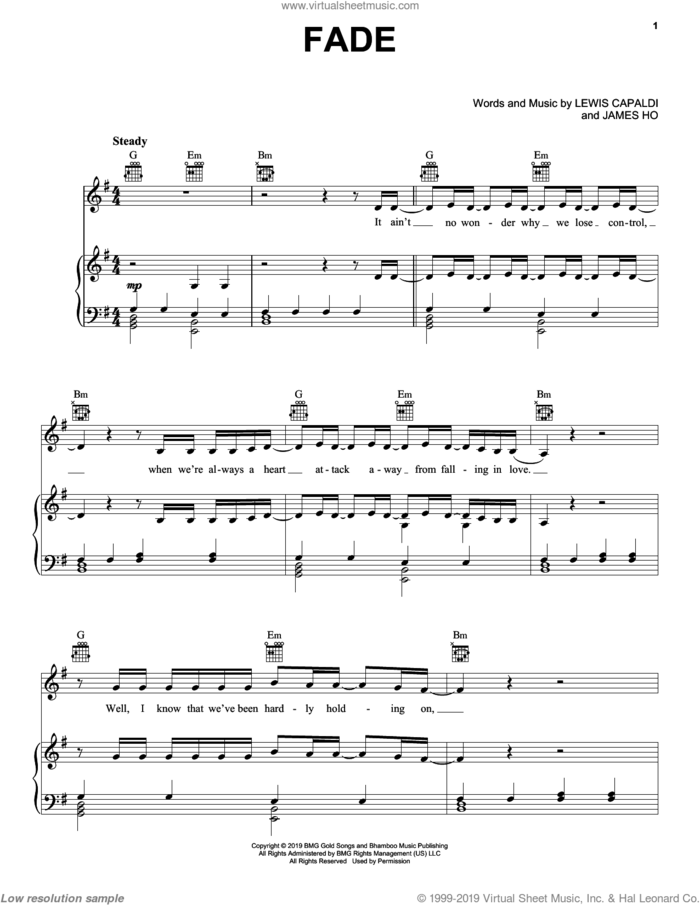 Fade sheet music for voice, piano or guitar by Lewis Capaldi and James Ho, intermediate skill level