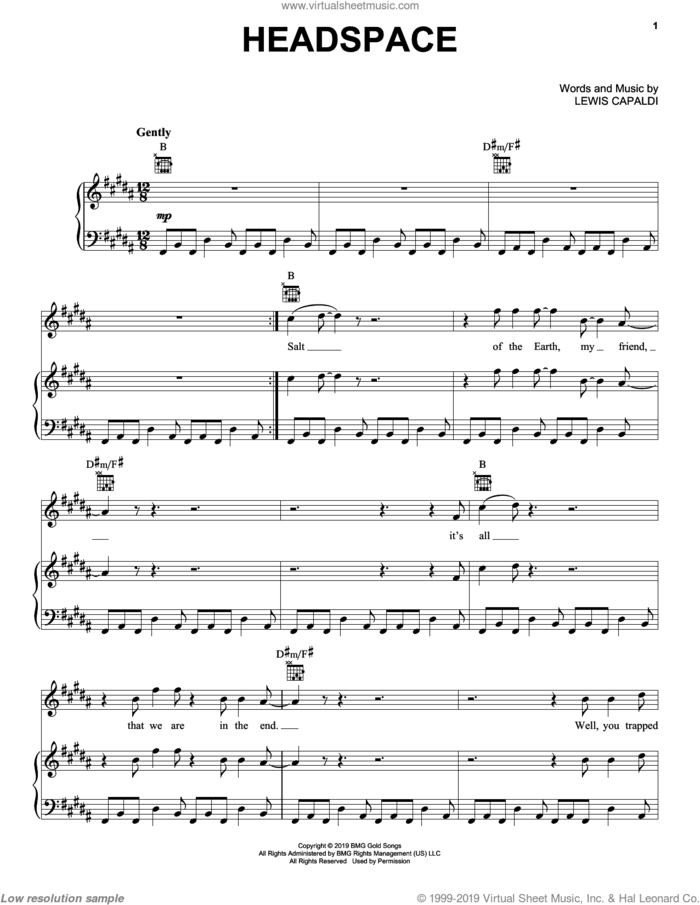 Headspace sheet music for voice, piano or guitar by Lewis Capaldi, intermediate skill level