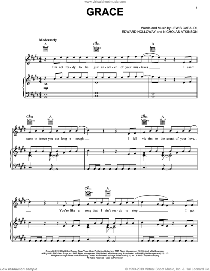 Grace sheet music for voice, piano or guitar by Lewis Capaldi, Edward Holloway and Nicholas Atkinson, intermediate skill level
