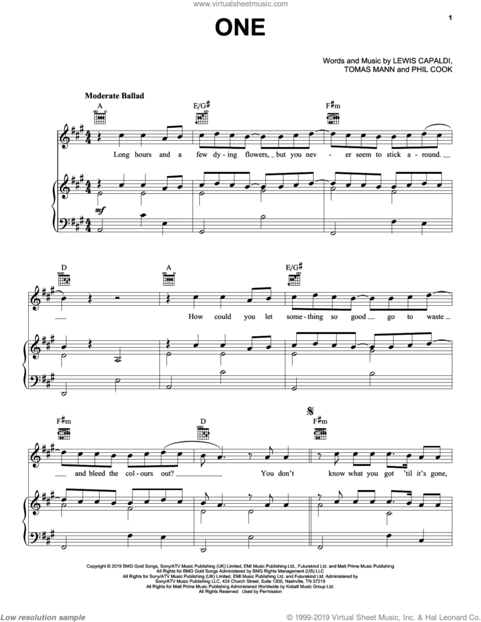 One sheet music for voice, piano or guitar by Lewis Capaldi, Phil Cook and Tomas Mann, intermediate skill level