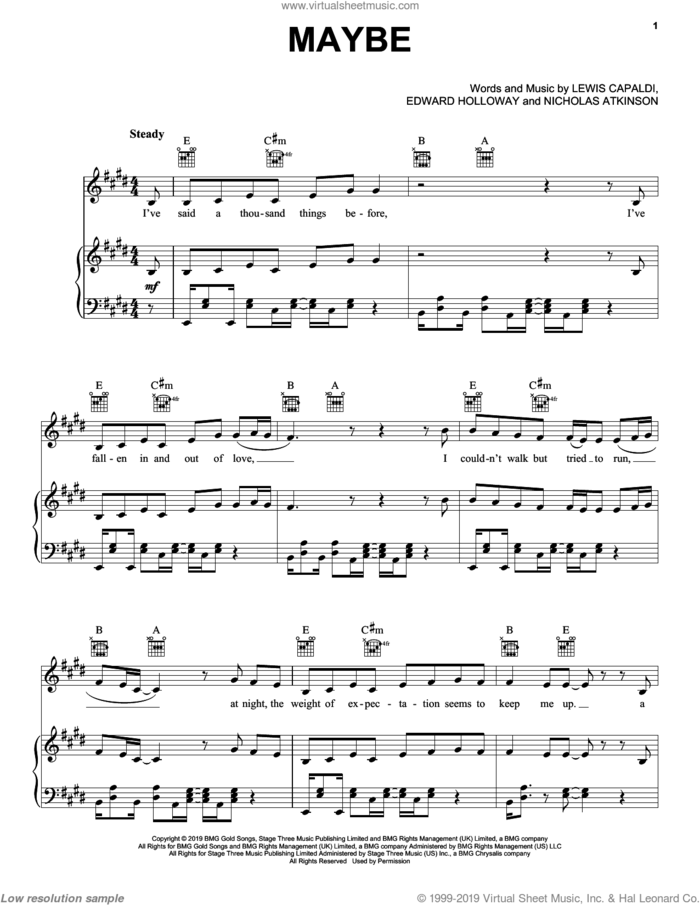 Maybe sheet music for voice, piano or guitar by Lewis Capaldi, Edward Holloway and Nicholas Atkinson, intermediate skill level