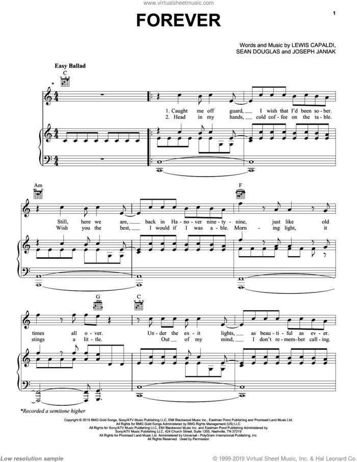 Forever sheet music for voice, piano or guitar by Lewis Capaldi, Joseph Janiak and Sean Douglas, intermediate skill level