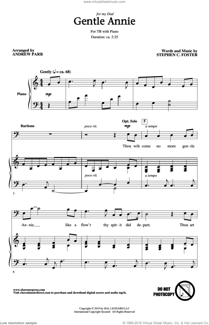 Gentle Annie (arr. Andrew Parr) sheet music for choir (TB: tenor, bass) by Stephen Foster and Andrew Parr, intermediate skill level