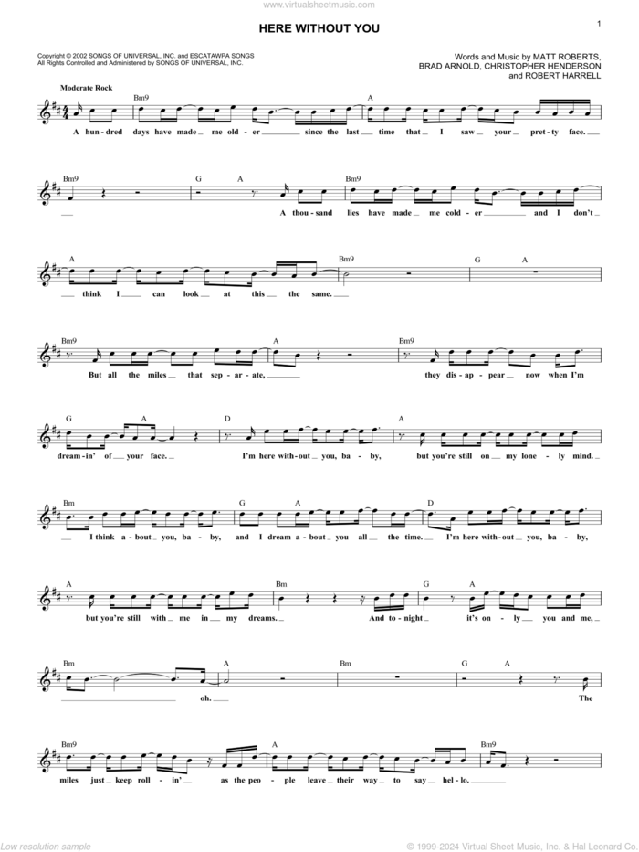 Here Without You sheet music for voice and other instruments (fake book) by 3 Doors Down, Brad Arnold, Christopher Henderson, Matt Roberts and Robert Harrell, intermediate skill level