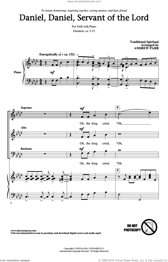 Daniel, Daniel, Servant Of The Lord (arr. Andrew Parr) sheet music for choir (SAB: soprano, alto, bass)  and Andrew Parr, intermediate skill level