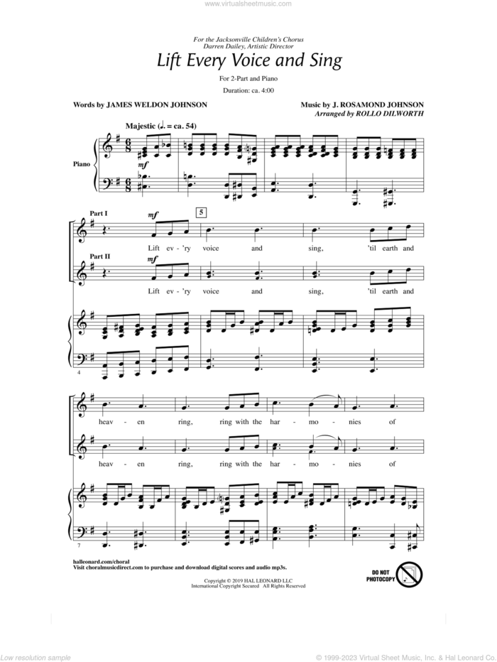 Lift Every Voice And Sing (arr. Rollo Dilworth) sheet music for choir (2-Part) by James Weldon Johnson, Rollo Dilworth, J. Rosamond Johnson and James Weldon Johnson and J. Rosamond Johnson, intermediate duet