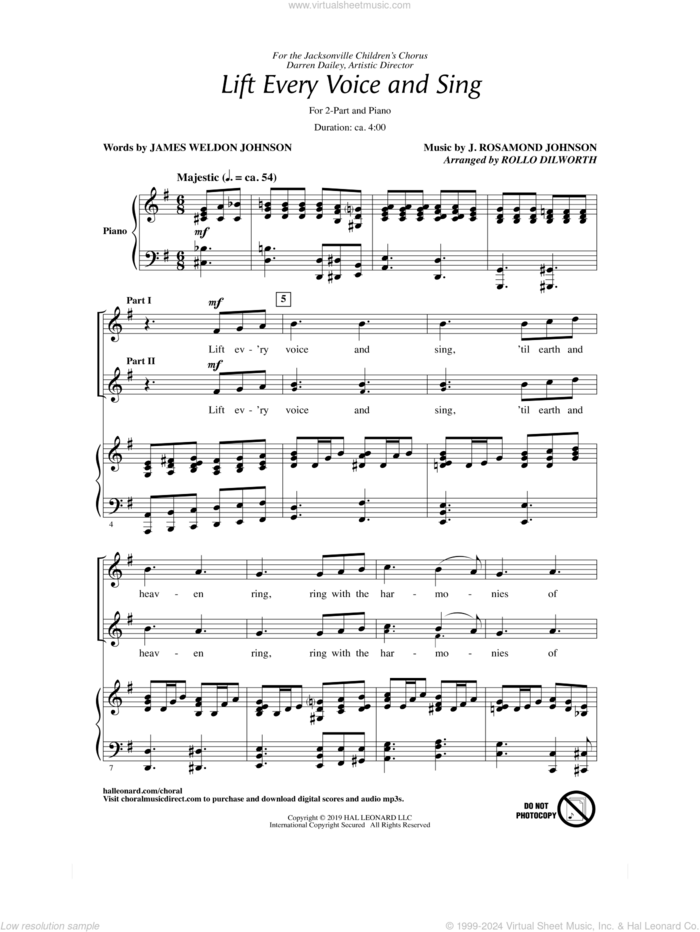 Lift Every Voice And Sing (arr. Rollo Dilworth) sheet music for choir (2-Part) by James Weldon Johnson, Rollo Dilworth, J. Rosamond Johnson and James Weldon Johnson and J. Rosamond Johnson, intermediate duet